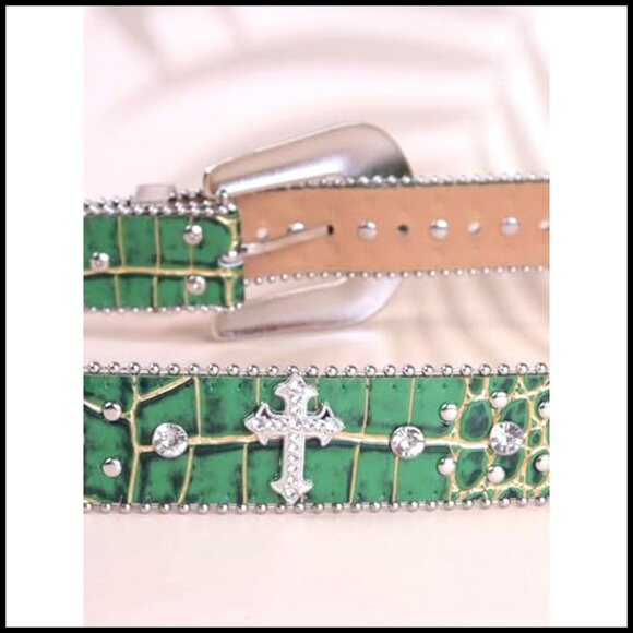 Western Rhinestone Belt Sparkling Cross Design Leather Statement Accessory